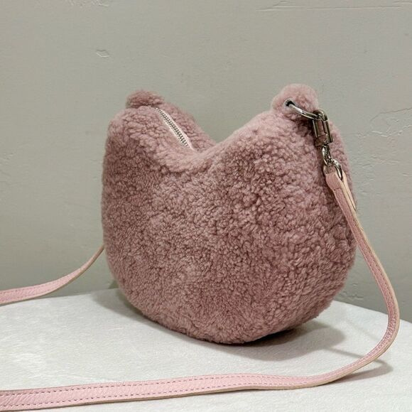 Dusty Rose Real Shearling Leather Half Moon Handbag with 2 Straps & Fur Charm - Picture 9 of 16